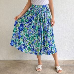 Koret Blue Green Abstract Floral Pleated Midi Skirt Sz M